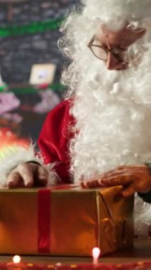 Dikey Video Aziz Nick atölyesinde etrafı şenlikli süslemelerle çevrili bir hediye kutusu taşıyor. Hediyeleri Noel ruhu için güzel süslerle süslemek, Noel arifesi gezisi...