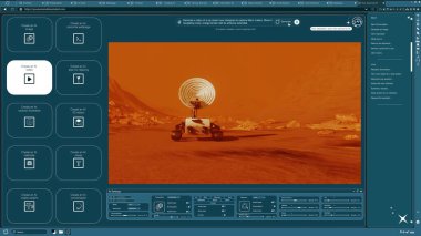 Generative model software producing AI generated video of rover navigating Mars desert landscape. Artificial intelligence diffusion model app showing prompt creating machinery on planet surface clip clipart