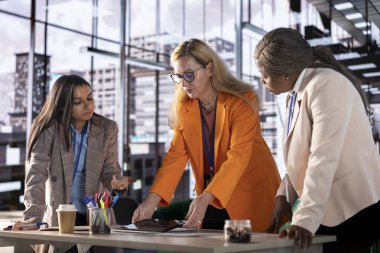 Kadın liderler, büyümeye, yenilikçiliğe ve cinsiyet eşitliğine odaklanmış bir şirket ofisinde strateji geliştiriyorlar. Girişimciler iş başarısı ve verimliliği elde etmek için güçlerini birleştiriyor.