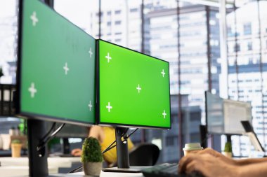 Ofisteki IT çalışanı yeşil ekran bilgisayar üzerinde çalışıyor, programları ve sistemleri test ediyor ve konuşlandırıyor. Krom anahtar masaüstü bilgisayarı üzerindeki kodları kontrol eden programcı, çalışma alanındaki görevleri çözüyor