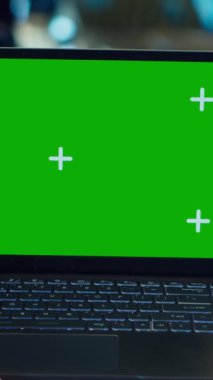 Galerideki dikey video müşterisi yeşil ekran dizüstü bilgisayar kullanarak yeni bir araç almak veya kiralamak istiyor. Otomobilleri krom anahtar defteri, kamera A kullanarak satın almadan önce değerlendiren kadın.