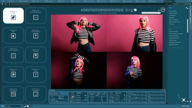 Yapay zeka yazılımı, metni pembe peruklu bir kadının fotoğrafına dönüştürüyor. Metinden resme yapay zeka üreticisi kelimeleri kadın model portresine dönüştürüyor