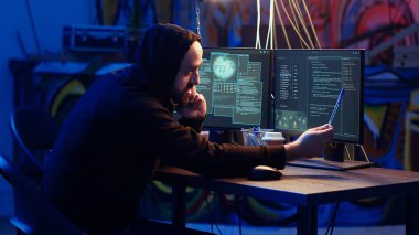 Kötü niyetli bir adam ortağıyla telefonda konuşuyor, kredi kartı numaralarını çalıyor, bankacılık sistemlerini manipüle ediyor. Kötü bilgisayar korsanı tehlikeli kodlar kullanıyor. Telefon görüşmesinde arkadaşıyla sohbet ediyor. Kamera B.