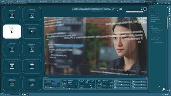 AI software turning text prompt into video of woman writing lines of code. Text to video artificial intelligence generator transforming words into clip of programmer coding on PC