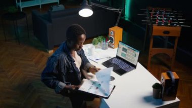 Evden iş toplantısına hazırlanan bir kadın pazarlama stratejisi tasarlayan çizelgelere bakıyor. Teleworker başlangıç organizasyonu için araştırma analizi yapıyor, kamera B