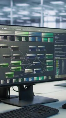 Boş veri merkezindeki bilgisayar görüntülerinin dikey videosu donanım enerji tüketimini izliyor. Sunucu merkez ofis masasındaki bilgisayar ekranları programlama yazılımını gösteriyor