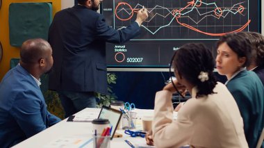 Yetenekli proje ekibi yıllık raporları değerlendiriyor, müşteri deneyimini ve memnuniyetini garanti altına almak için neyi geliştireceğini bilerek brifingdeki pazar eğilimlerini inceliyor. Girişim geliştirme. Kamera A.