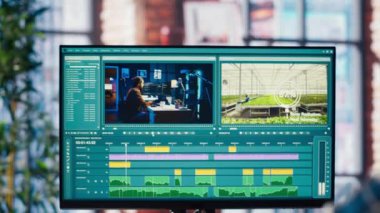 Ham görüntüleri parlatmak ve ses kalitesini arttırmak için kulaklık takan bir video editörü. Videograf profesyonel olarak klipleri ayarlıyor, ses efektlerini filme uyguluyor, kamera B