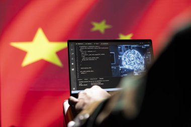 AI software on laptop used by Chinese security service programmer to commit terrorism attacks. Artificial intelligence tech used by CCP government to hack neighbor countries, isolated over China flag clipart