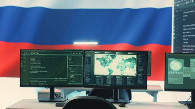 Governmental surveillance room showing a russian flag on big screen, hybrid war propaganda. Cybercrime, cyberwarfare and political manipulation through fake news and brainwashing the world. Camera A. clipart