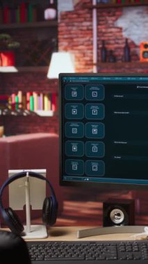 Modern merkez ofisteki PC monitöründe AI LLM Chatbot GPT yazılımına odaklan. Kullanıcı ile iletişim kuran bilgisayar ekranındaki büyük dil modeli uygulamasının Jib aşağı görüntüsü