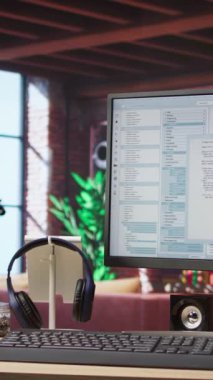 Dikey video yazılım geliştirme ve kodlama PC 'de yapılıyor, algoritmalar uygulanıyor. Uygulamaları geliştirmek ve performansı optimize etmek için kullanılan ev ofisindeki bilgisayar ekranında kod düzenleyici
