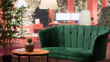 Modern bir kanepesi ve mobilyası olan boş profesyonel psikoterapi ofisi müşterilerin sorunlarını çözmeleri için rahat ve güvenli bir ortam yaratıyor. Lüks danışma kabinesi..