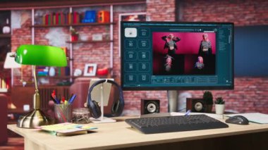 Bilgisayar masasında yapay zeka GPT uygulamasının UI ile birlikte metni fotoğrafa, el kamerası görüntüsüne dönüştürüyor. İnternet sitesi PC ekranında resim yapay zeka üretken modellerine metin gösteriyor