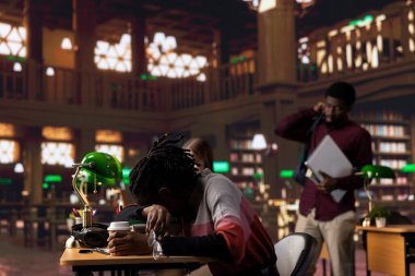 Afrika kökenli Amerikalı kız öğrenci kitaplarının arasında uyuyakalıyor kampüs kütüphanesinde, tükenmişlikle uğraşıyor ve üniversiteden mezun olmak için mücadele ediyor. Yorgun genç bir öğrenci gece ders çalışmaya çalışır..