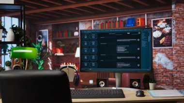 AI LLM Chatbot yazılım arayüzü merkez ofisteki PC 'de sanal yardımcı kullanıcı cevapları gösteriyor. Yapay zeka kullanarak monitörde geniş bir dil modeli uygulaması.