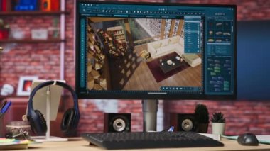 Varlıklar iç tasarım projesi için tasarlanmış dairede 3D modelleme programında taşınıyor, el kamerasıyla çekiliyor. Sanal mobilyaları modellemek için kullanılan CAD programını kapat
