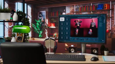 PC monitöründe fotoğraf oluşturan görüntü anlama yeteneğine sahip üretici yapay zeka GPT. Bilgisayar ekranında yapay zeka asistanı yüksek çözünürlüklü canlı benzeri görüntüler yüklüyor