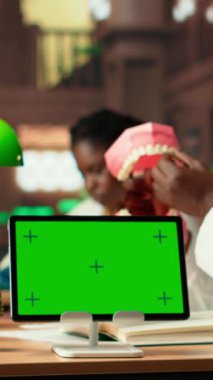 Dikey Video Erkek Diş Hekimliği öğrencisi, yapay ekranın yanında ağız hijyenini öğrenir ve plastik bir insan çene modeli üzerinde diş uygulamalarını öğrenir. Alim başarılı bir kariyer için dişleri inceliyor.