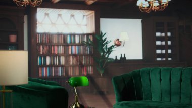 Zarif yeşil kadife sandalyeler, yumuşak ışıklandırma ve organize ahşap kitaplıklar içeren profesyonel terapi bürosu. Danışmanlık, ruh sağlığı terapisi veya psikoterapi için ideal alan.