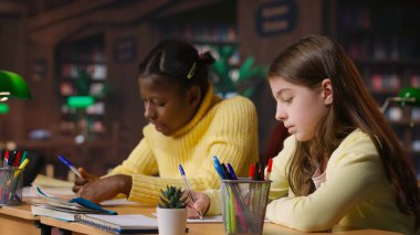 Kütüphane masasında ilkokul kızına rehberlik eden beyaz bir öğretmen, akademik gelişimlerine yardımcı olmak için çalışma kitapları ve notlarla özel dersler veriyor. Öğretmen akademisyenle konuşuyor. Kamera B.