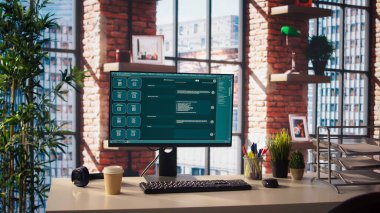 AI LLM sohbet robotu kullanıcıya cevaplama komutu veriyor. Ana ofiste öngörü teknolojisi kullanılıyor. Yapay zekaya sahip büyük dil model programı kullanılarak daire çalışma alanına bilgisayar kurulumu