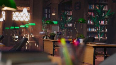 Tarihi cazibesi ve güzel dekorasyonları olan eski moda kütüphane alanı klasik estetik yaratan çalışma masaları. Bilgi ve bilgelik için sofistike ve barışçıl bir ortam.