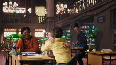 Neşeli sınıf arkadaşları özel dersler sırasında kütüphanede öğretmenleriyle beşlik çakıyorlar, takım projesini bitiriyorlar. İlkokul öğrencileri akademik ilerlemeden memnun. Kamera A.