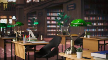 Antika dekorasyonlar ve rafine ahşap masalarla dolu boş bir kütüphane. Güzel, eski moda yeşil lambalar. Sakin entelektüel alan araştırma ve bilimsel araştırmalar için mükemmeldir..