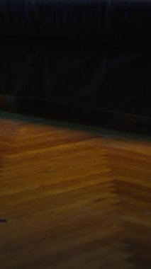 Dikey Video Modern, neon ışıkları ve modaya uygun dekorasyonları olan lüks stüdyo dairesi kahve masası ve ev sineması için akıllı televizyon düzeneği olan lüks yaşam alanı. Çağdaş oda.