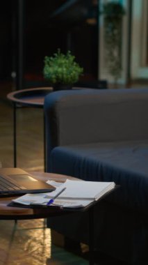 Dikey Video Modern stil çatı katı dairesi neon ışıkları ve modaya uygun dekorasyonları olan, kapalı mekanlı bitkiler ve yalnız yaşayan genç bir yetişkin için akıllı bir televizyon sistemi. Havalı mobilyaları olan minimalist günlük alan.