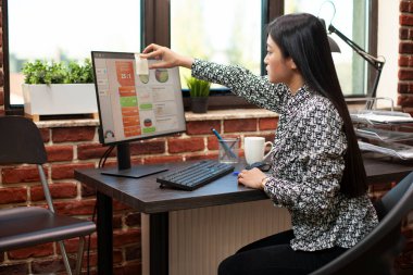 İş kadını bilgisayar monitörüne yapışkan notlar ekliyor, iş analizlerini gözden geçiriyor ve son teslim tarihlerini karşılıyor. Asyalı çalışan görevleri yönetmek ve yaklaşan projelere hazırlanmak için yapışkan notlar kullanıyor.