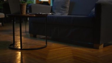 Modern dekorlu, modaya uygun elektronik aletleri olan rahat bir daire, şık bir minimalist stüdyo dairesi, akıllı bir televizyonu ve kahve masası olan. İçerideki bitkilerle rahat bir ev..