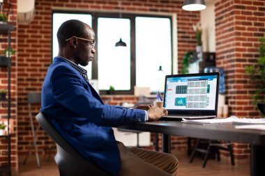 Tuğla duvar odasında oturan Afrikalı Amerikalı girişimci şirket analitik araştırmaları için dizüstü bilgisayar kullanıyor. Başlangıç ofisindeki kişisel bilgisayarında finansal piyasa eğilimlerini kontrol eden bir erkek..