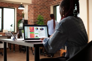 Dişi girişimci dizüstü bilgisayarda çalışıyor, tuğla duvar odasındaki finansal eğilimleri kontrol ediyor. Siyahi iş kadını pazarlama stratejilerini araştırıyor ve modern bir ofiste analitikleri inceliyor..