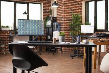 Hiç kimsenin olmadığı geniş bir başlangıç ofisi, şirket ticaret verilerini sunan bir masaüstü monitörünü ön plana çıkarıyor. Profesyonel çalışma alanını geliştiren organize malzemeler ve bitki dekorasyonları.