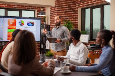 İş adamı odada duruyor, toplantı sırasında ekibiyle proje geliştirme tartışması yapıyor. Başlangıç ofisinde sunum yapan, strateji fikirleri üzerinde işbirliği yapan, panoya sahip erkek girişimci.