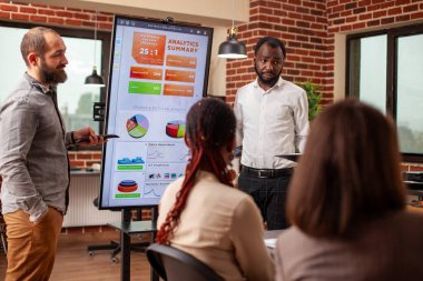 İş adamları dijital monitörün yanında durup, analizleri ve toplantıda takıma stratejiler sunuyorlar. Erkek çalışanlar, sunum için kurşun ekranı kullanarak iş arkadaşlarıyla pazarlama planını tartışıyor.