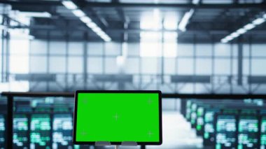 Güç yönetimi ayarlarını ayarlayan sunucu odasındaki krom anahtar tabletini ve takım çalışması programcılarını kapat. Veri merkezi teknisyenlerinin, B kamerasının önündeki izole ekran modelleme cihazına odaklan