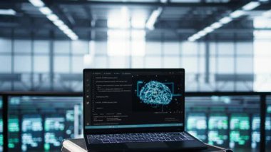 Yapay zeka teknolojisi veri merkezinde dizüstü bilgisayarda kodlanıyor ve programcılar arka planda makine öğrenme modelleri kullanıyor. AI IT uzmanları tarafından kullanılan not defteri, kamera B, kapat