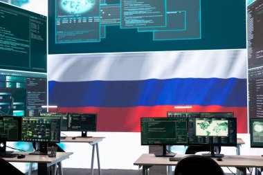 Governmental cyber operations room with Russian flag on big screen, focusing on information war and trolling. Highlighting the role of hackers in spreading disinformation and crowd control. clipart