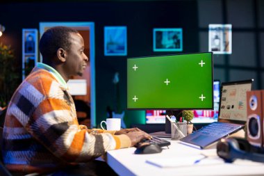 Yeşil ekranın yanındaki sermaye yatırımlarına bakan yetenekli bir denetçi bilgisayarındaki mali dengeyi değerlendiren bir uzman. Ekonomik verileri kontrol eden serbest çalışan kişi.