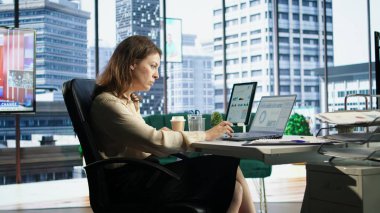 Üst düzey kurumsal ofisinde çalışan güçlü kadın CEO kariyer geliştirmeye odaklanıyor ve üretken bir hedef odaklı çalışma ortamı sağlıyor. Büyümek için stratejik düşünce. Kamera A.