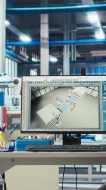 Yeşil enerji güneş panelleri fabrikasındaki masanın üzerinde dikey video monitörü ve yerleşim planlarını optimize etmek için CAD yazılımı var. Çevre dostu fotovoltaik fabrikasındaki bilgisayar programı maksimum düzeyde düzenleme yapıyor