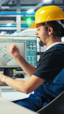 Dikey video fotovoltaik fabrikası mühendisi CAD uygulamasındaki tesis zemininde sabit şapka planlama işi yapıyor. Çevre dostu güneş panelleri fabrika teknisyeni PC, kamera A 'da üretim hatları tasarlıyor.