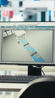 Robotların güneş panellerini montaj hatlarına yerleştirme yazılımlarını güncellemek için kullanılan fotovoltaik fabrikasında masanın üzerindeki dikey video ekranı. Güneş enerjisini yükseltmek için kullanılan boş tesisteki bilgisayar monitörü