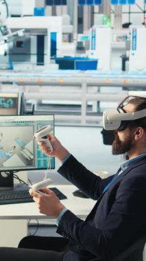 Fotovoltaik fabrikasındaki dikey video mühendisi arızalı sistemleri teşhis etmek için sanal gerçeklik teknolojisini kullanıyor. Güneş panelleri, dinlenme süresini azaltmak için VR kulaklık kullanan fabrika işçisi üretiyor.