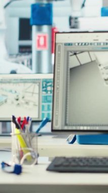 Robot kolların güneş panellerini montaj hatlarına yerleştirme performansını denetlemek için kullanılan fotovoltaik fabrikasındaki dikey video bilgisayarı. Güneş enerjisini yükseltmek için kullanılan boş tesiste bilgisayar görüntüsünün kapatılması