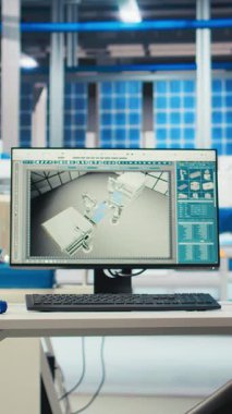 Boş fotovoltaik fabrikası izleme sistemi performansında dikey video bilgisayarı masanın üzerinde. Sürdürülebilir güneş panellerindeki bilgisayar monitörü enerji üretimi ve verimliliğini takip eden fabrika üretimi