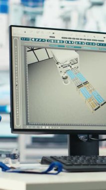 Yeşil enerji güneş panelleri fabrikasındaki masanın üzerinde dikey video monitörü ve yerleşim planlarını optimize etmek için CAD yazılımı var. Çevre dostu fotovoltaik fabrikasındaki bilgisayar programı maksimum düzeyde düzenleme yapıyor